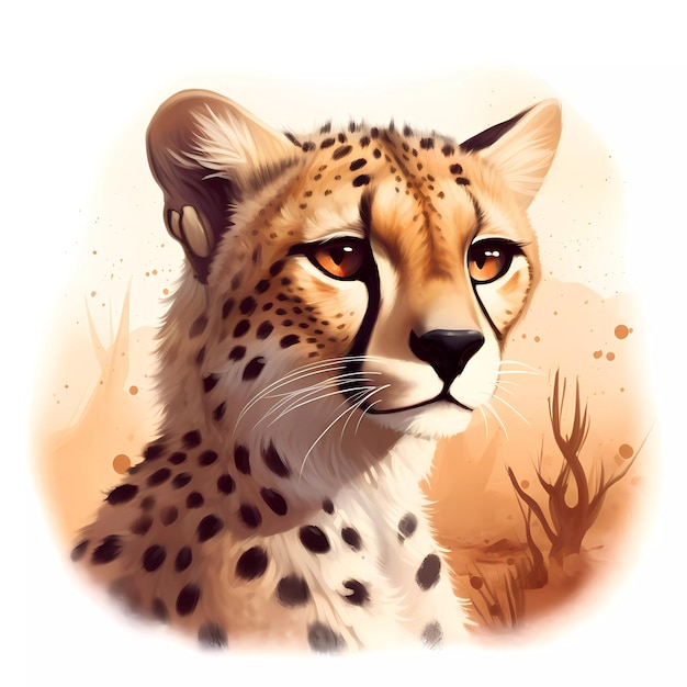 Une peinture d'un guépard aux yeux orange et un contour noir.