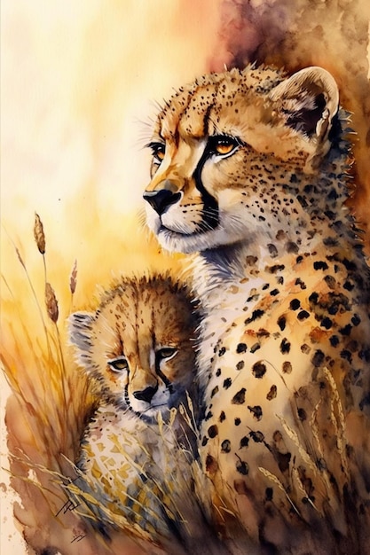 Une peinture d'un guépard et son petit