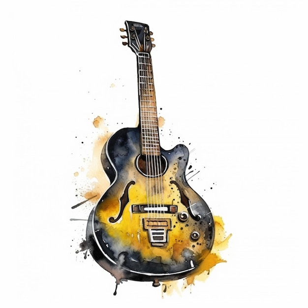 Une peinture d'une guitare avec un corps jaune et noir ai génératif