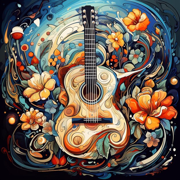 peinture d'une guitare avec un dessin floral dessus