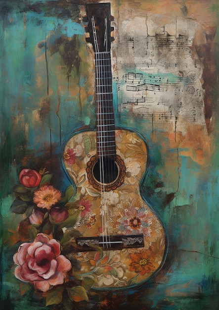 Une peinture d'une guitare avec des fleurs dessus