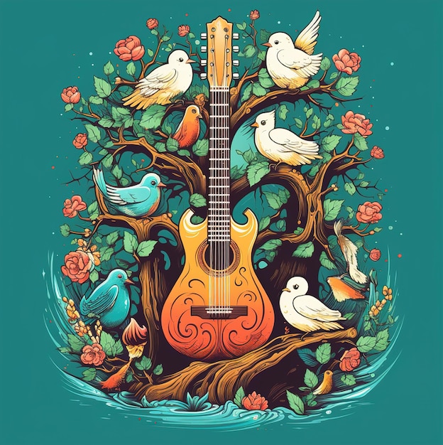 une peinture d'une guitare et d'oiseaux sur fond bleu.