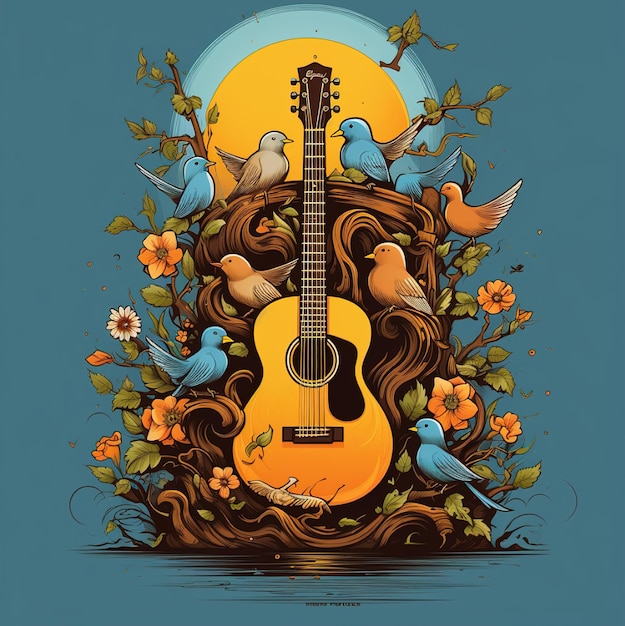 une peinture d'une guitare et d'oiseaux sur un fond floral.