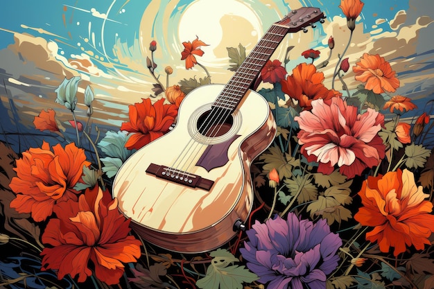 Peinture de guitare parmi les fleurs