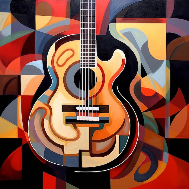 une peinture d'une guitare qui a un dessin sur elle