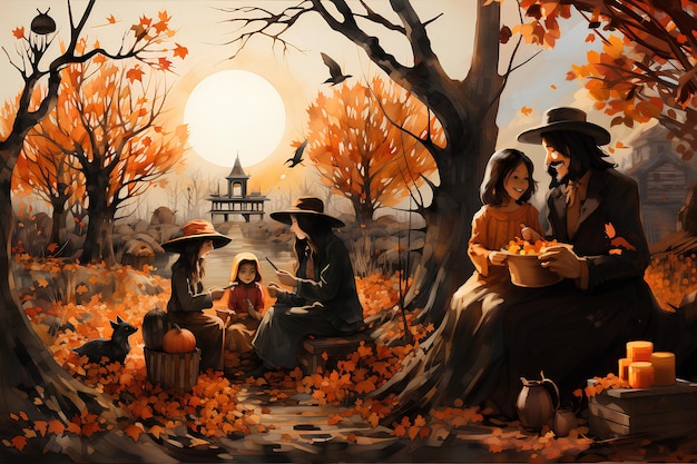 Peinture d'Halloween à l'aquarelle représentant l'inspiration familiale