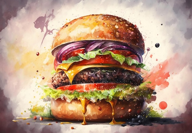 Une peinture d'un hamburger avec tomate, laitue et tomate.