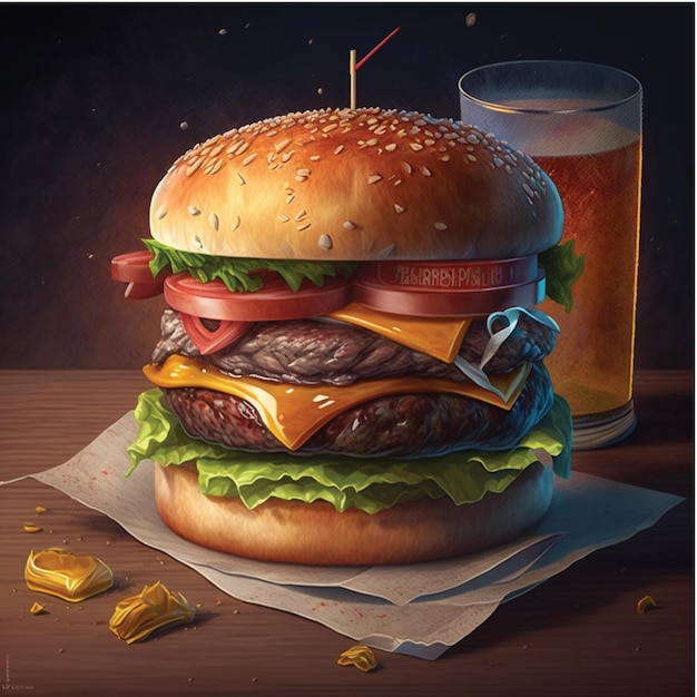 Une peinture d'un hamburger et d'un verre de bière