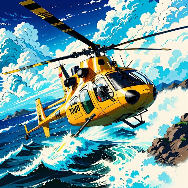 Une peinture d'un hélicoptère au-dessus de l'océan