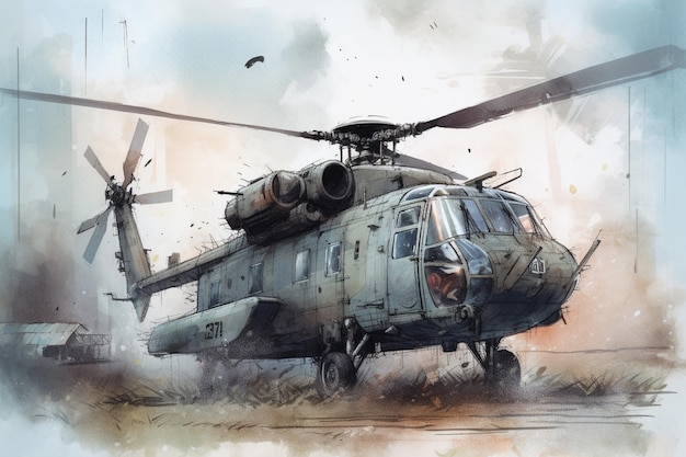 Une peinture d'un hélicoptère avec le mot hélicoptère dessus