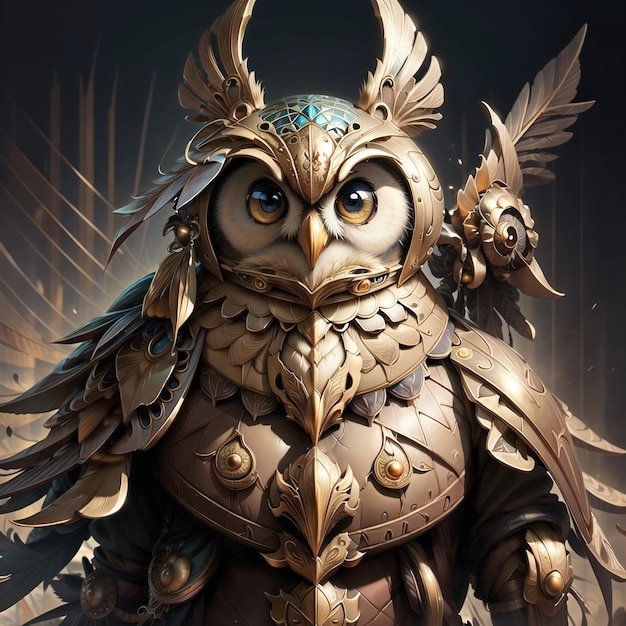 Une peinture d'un hibou avec des ailes d'or et un casque d'or.