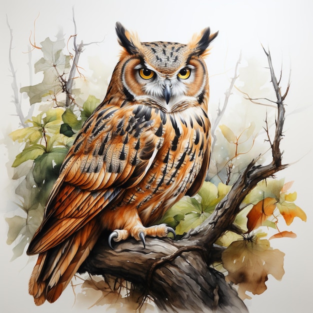 peinture d'un hibou assis sur une branche avec des feuilles et des branches en arrière-plan