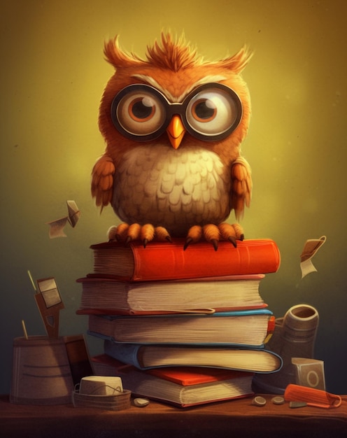 Une peinture d'un hibou assis sur une pile de livres.