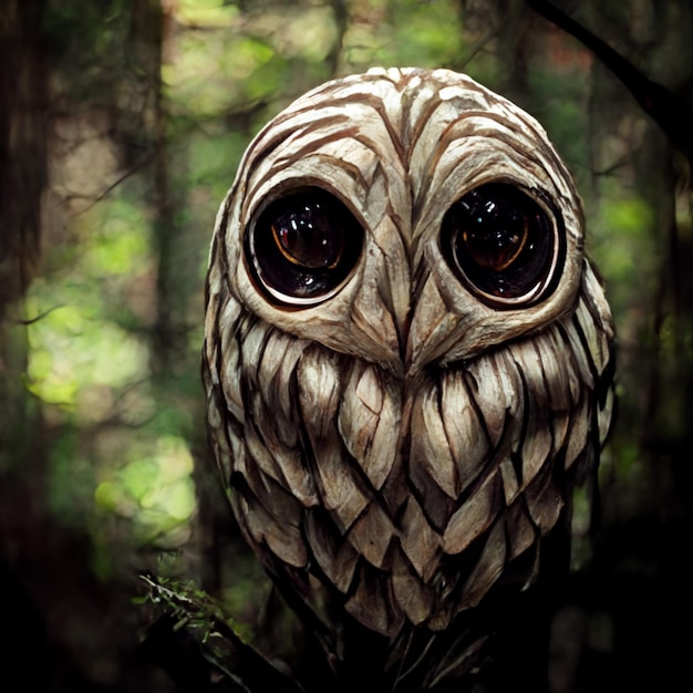 Une peinture d'un hibou aux grands yeux est dans les bois.