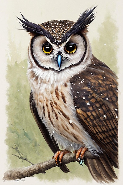 Une peinture d'un hibou avec un bec bleu et un œil jaune.