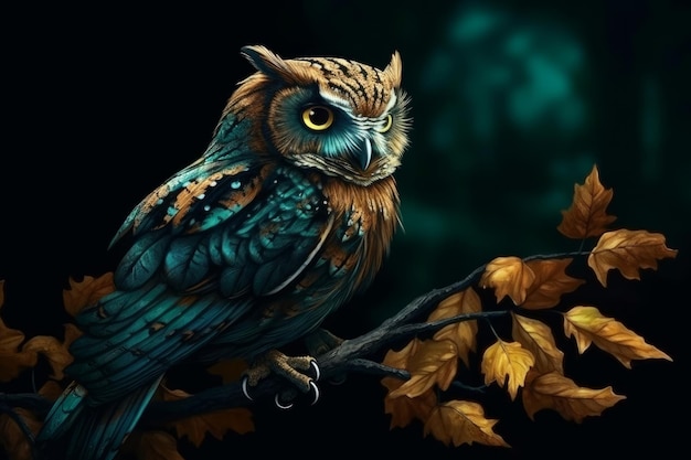 Une peinture d'un hibou sur une branche avec des feuilles d'automne.