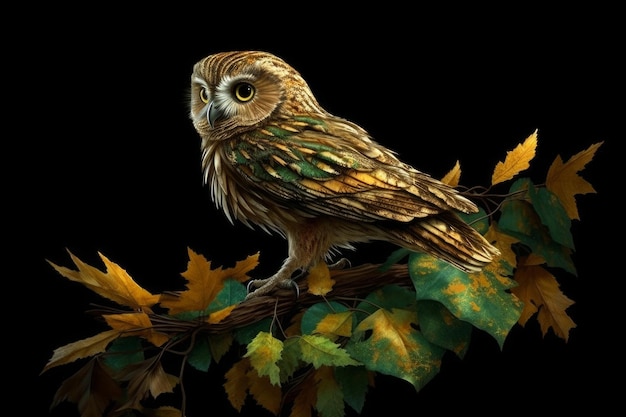 Une peinture d'un hibou sur une branche