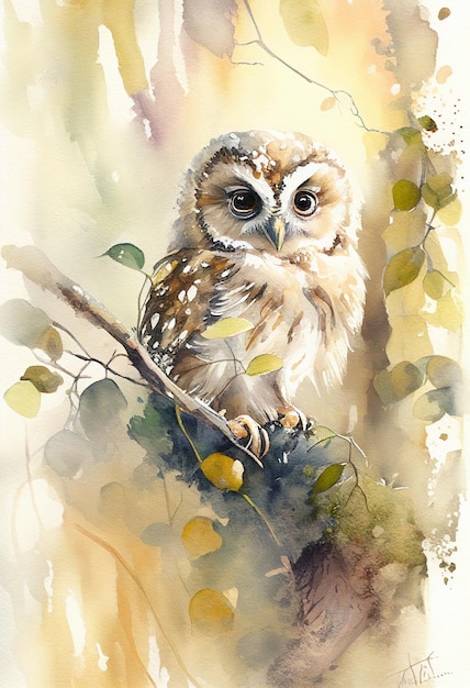 Une peinture d'un hibou brun assis sur une branche.