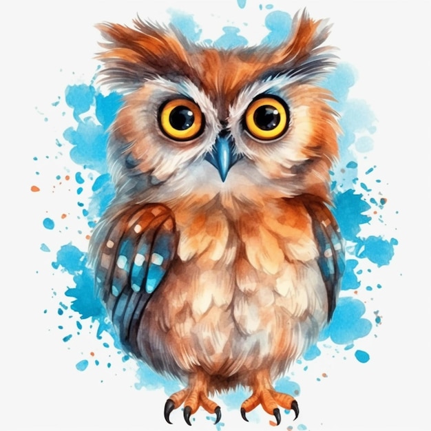 Peinture d'un hibou brun aux yeux jaunes et un fond bleu ai génératif