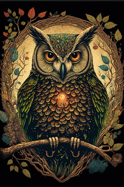 Une peinture d'un hibou avec un cœur brillant sur sa poitrine.