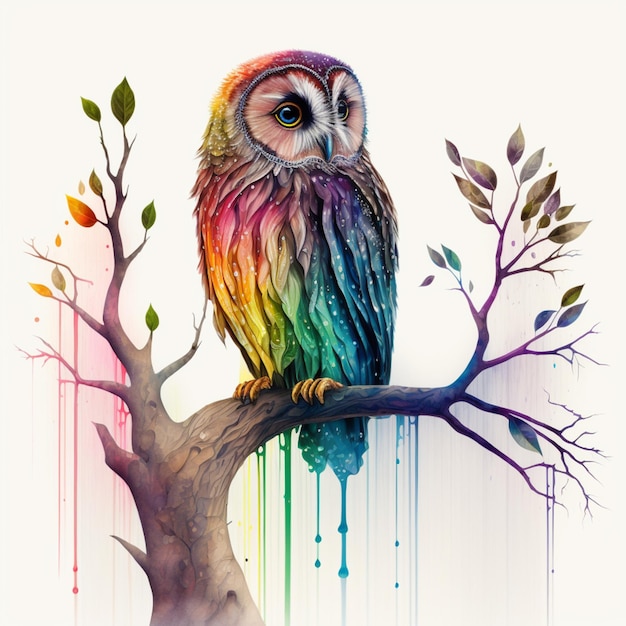 Une peinture d'un hibou coloré avec une branche d'arbre et les mots " le hibou " en bas.