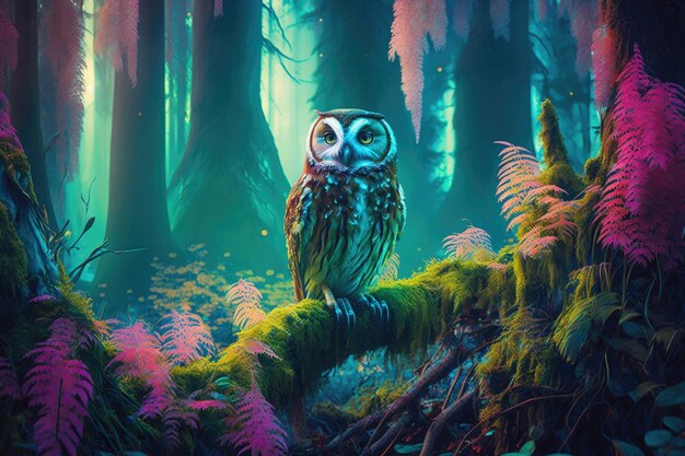 Une peinture d'un hibou dans une forêt