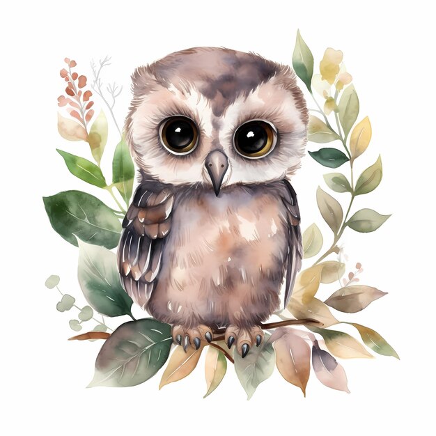 Une peinture d'un hibou dans un nid avec des fleurs et des feuilles