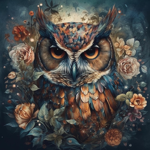 Une peinture d'un hibou avec des fleurs et des feuilles.