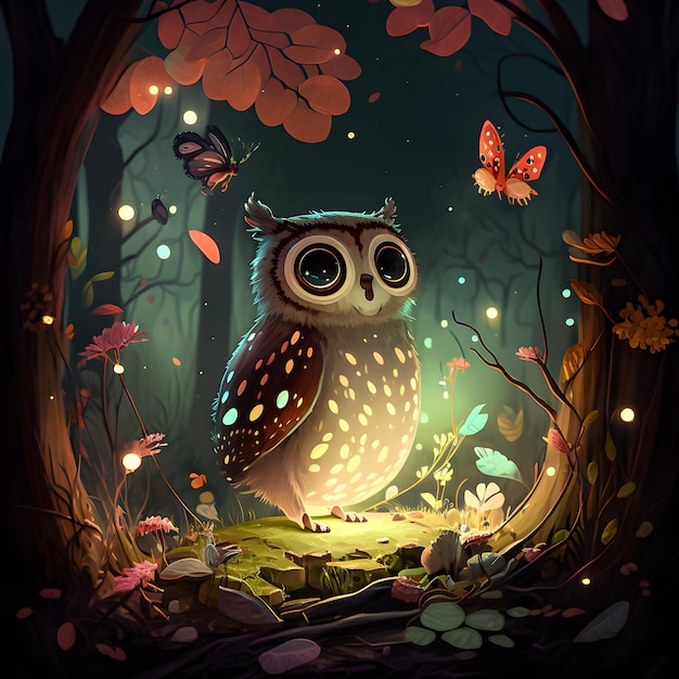 Une peinture d'un hibou avec des papillons sur les branches