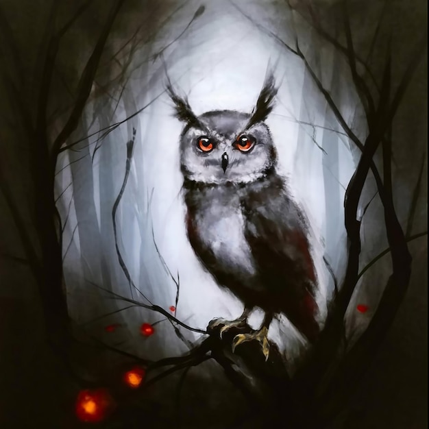 Peinture de hibou de Stephen Gammell dans le style de Brian Mashburn BW lueur rouge foncé dans le péché sombre