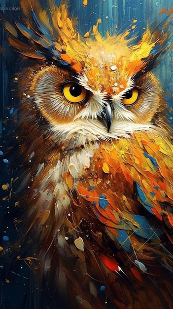 peinture d'un hibou avec des yeux et des plumes jaunes sur un fond bleu