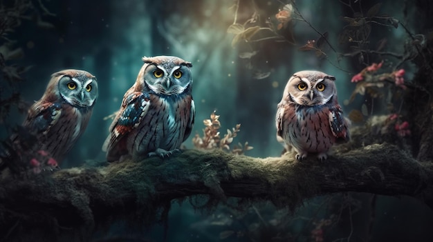 Une peinture de hiboux dans une forêt avec les mots hibou sur la gauche