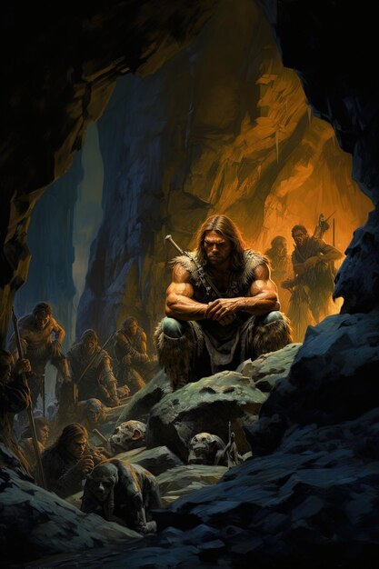 Photo une peinture d'un homme assis dans une grotte avec une épée et une épée