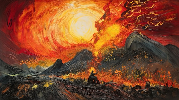 Une peinture d'un homme assis devant une montagne avec un feu dans le ciel.