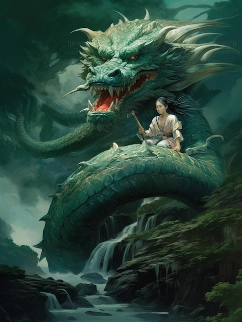 peinture d'un homme assis sur un dragon avec une épée générative ai