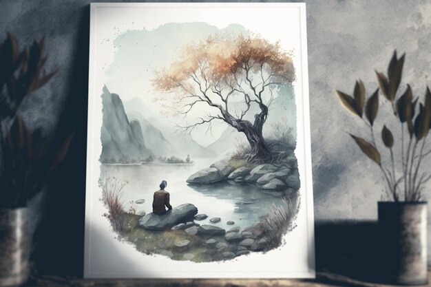 Une peinture d'un homme assis sur un rocher au bord d'un lac