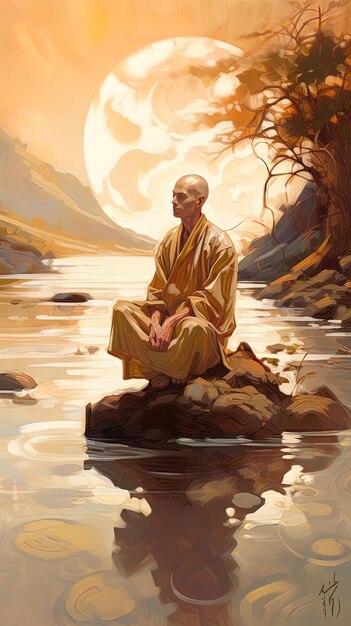 Photo une peinture d'un homme assis sur un rocher au bord de la rivière.