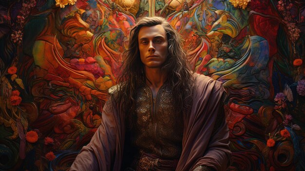 une peinture d'un homme aux cheveux longs assis devant un fond coloré