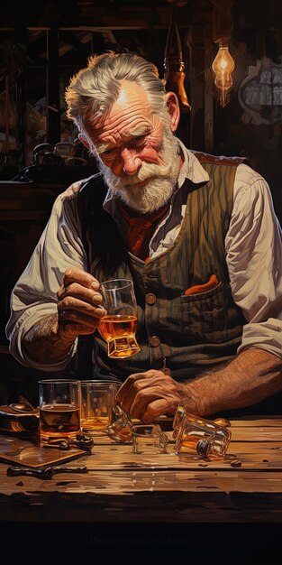 une peinture d'un homme avec une barbe et un verre de whisky