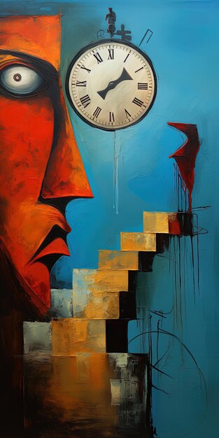 une peinture d'un homme avec un cadran d'horloge qui dit l'heure