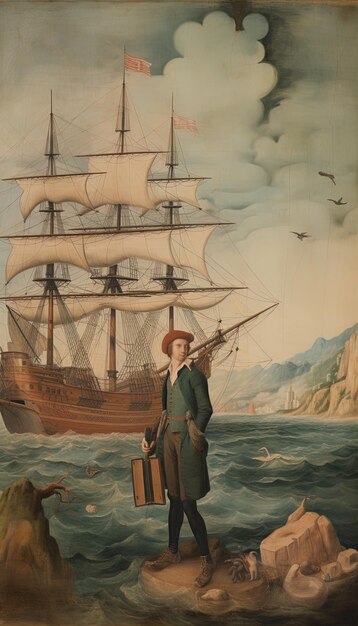 Photo une peinture d'un homme avec un chapeau et un bateau en arrière-plan