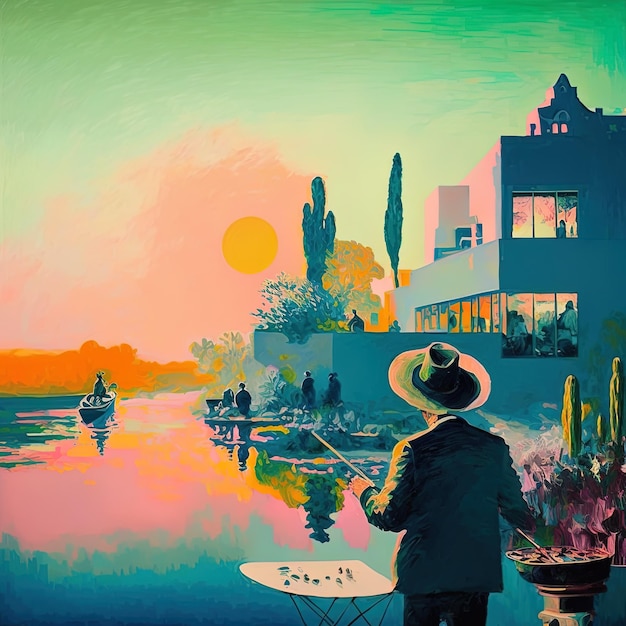 une peinture d'un homme avec un chapeau et un bateau dans l'eau.