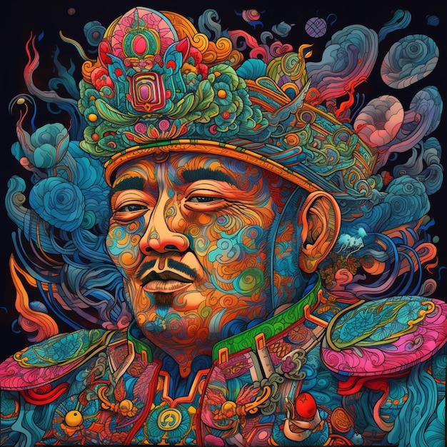 Une peinture d'un homme avec un chapeau et une couronne.