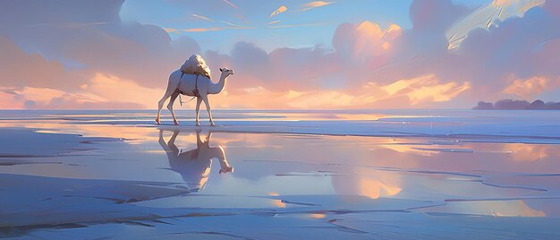 Photo peinture d'un homme à cheval sur un chameau sur la plage au coucher du soleil