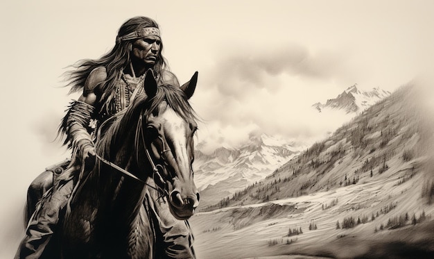 peinture d'un homme à cheval dans une région montagneuse