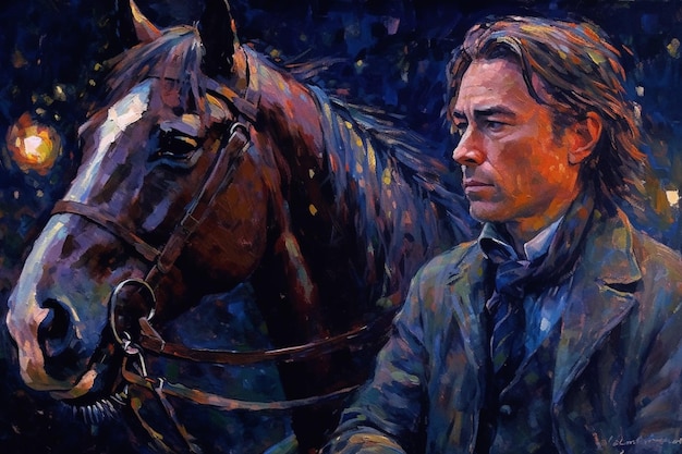 Une peinture d'un homme et d'un cheval