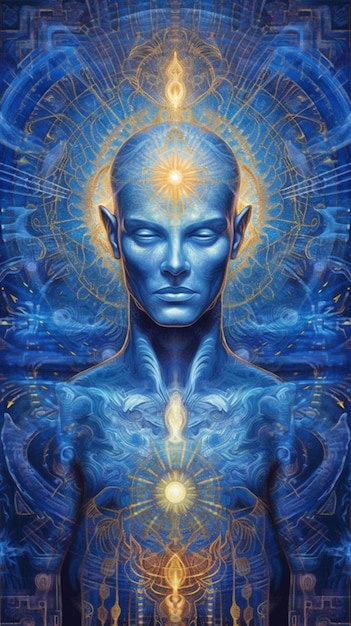 Une peinture d'un homme avec un corps bleu et une étoile dorée générative ai
