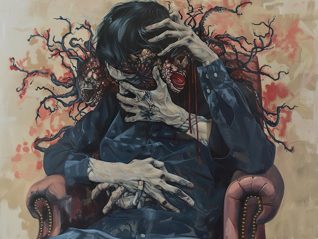 une peinture d'un homme avec un crâne sur le visage