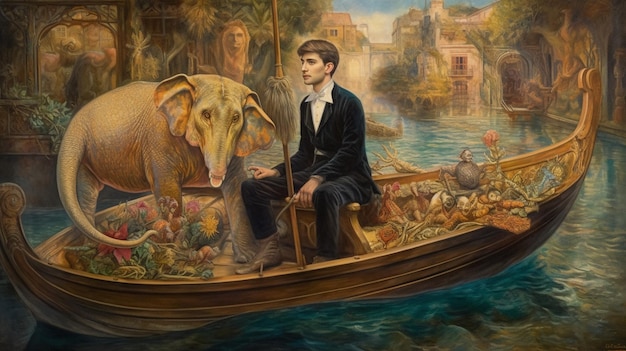 Une peinture d'un homme dans un bateau avec un éléphant dessus.