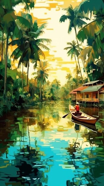 peinture d'un homme dans un bateau sur une rivière avec des palmiers IA générative